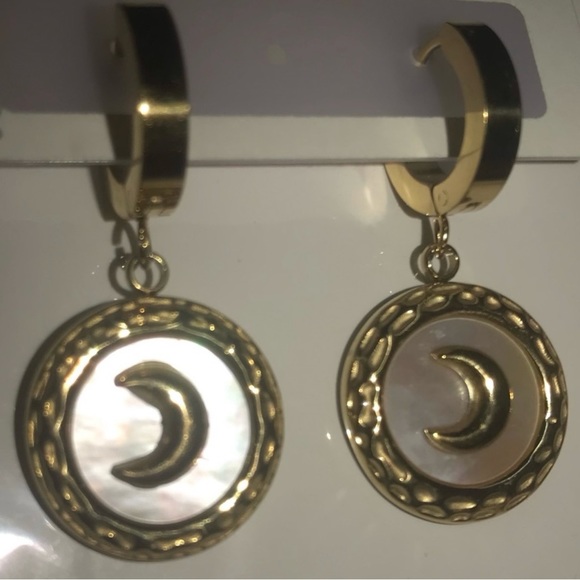 “Mother of Pearl Crescent Moon” Rainbow Iridescent Celestial Gold Steel Hoops - Picture 15 of 17